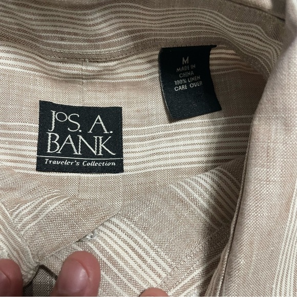 Jos. A. Bank Traveler’s Collection Linen Long Sleeve Button Shirt M Beige Stripe - Picture 7 of 11